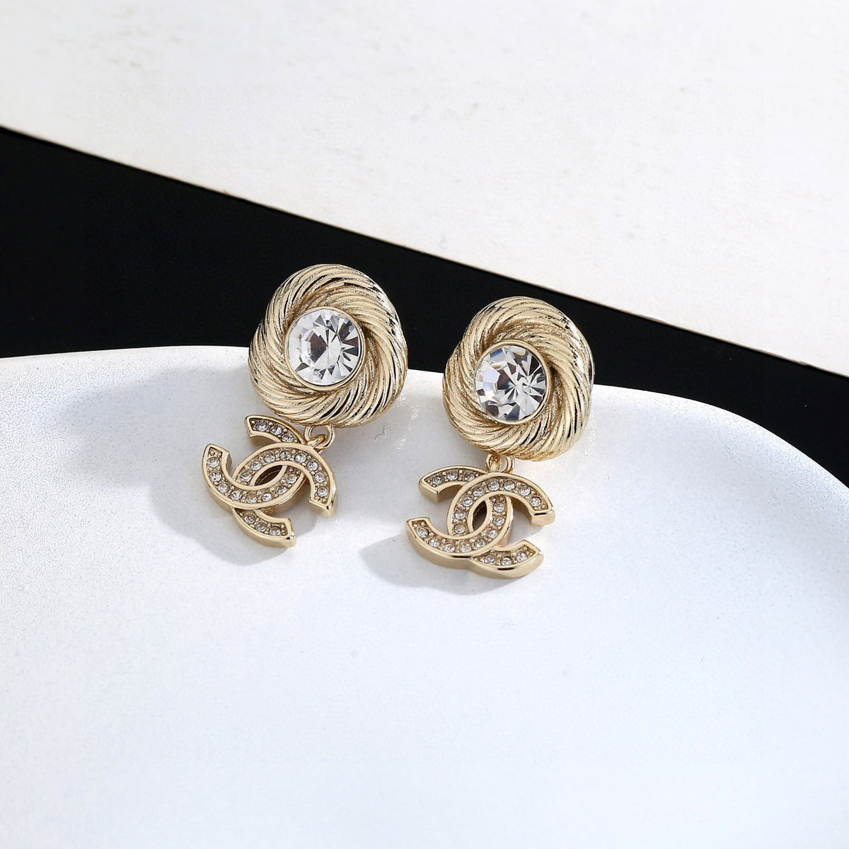 Double-C Emblem Stud Earrings in Gold-Tone – Design 004 close-up detail