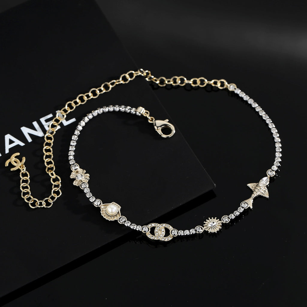 Double-C Emblem Pearl-Detail Pendant Necklace – Pearl Detail – Design 004 front product view