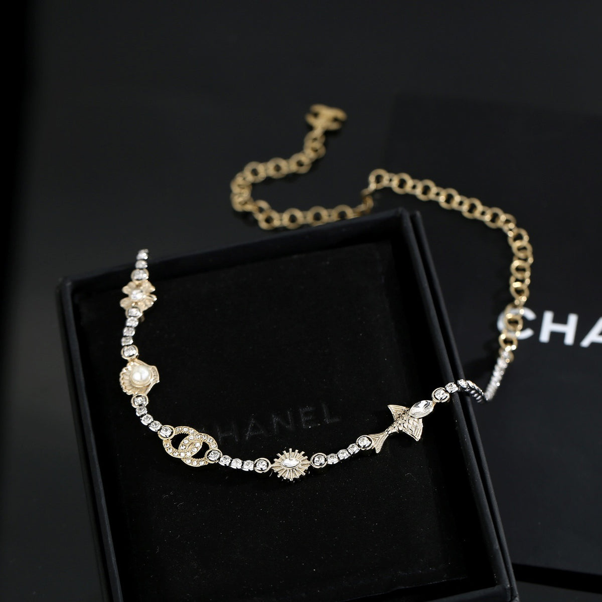 Double-C Emblem Pearl-Detail Pendant Necklace – Pearl Detail front product view