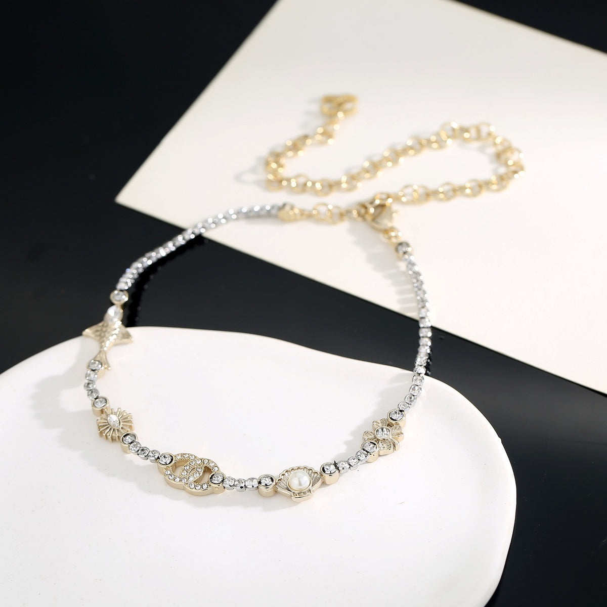 Double-C Emblem Pearl-Detail Pendant Necklace – Pearl Detail main product view