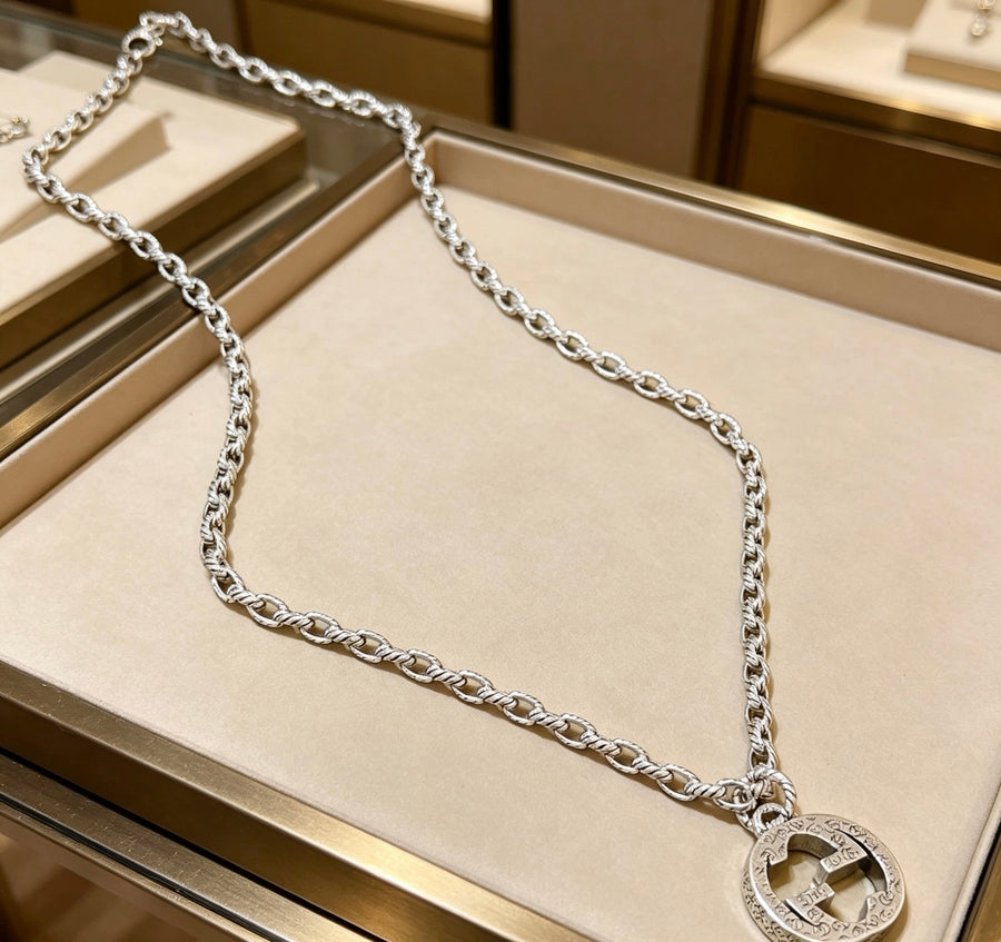 Double-G Emblem Pendant Necklace in Polished Metal-Tone – Design 008 main product view