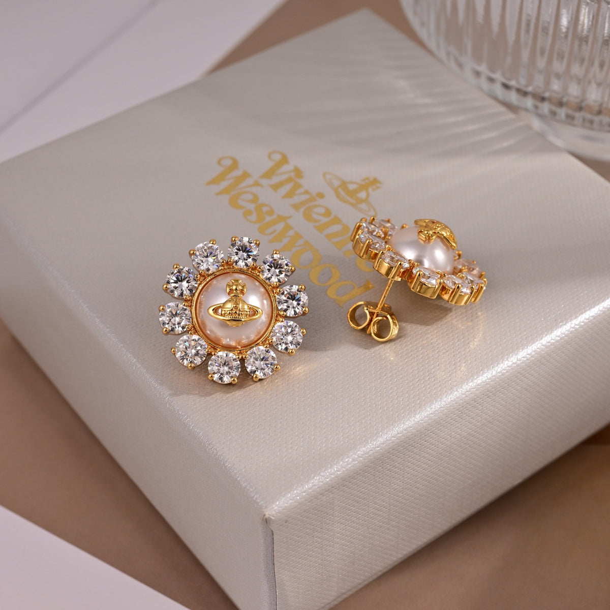 Orb Stud Earrings in Polished Metal-Tone – Design 003 detail view