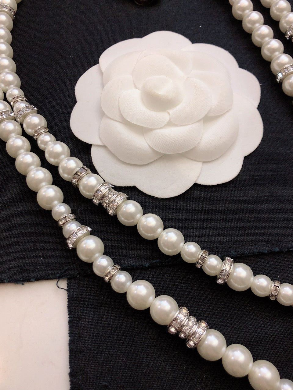 Double-C Emblem Pearl-Detail Pendant Necklace – Pearl Detail – Design 090 close-up detail