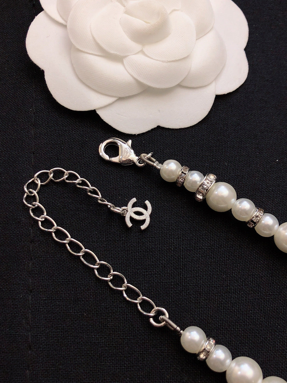 Double-C Emblem Pearl-Detail Pendant Necklace – Pearl Detail – Design 090 styled product view