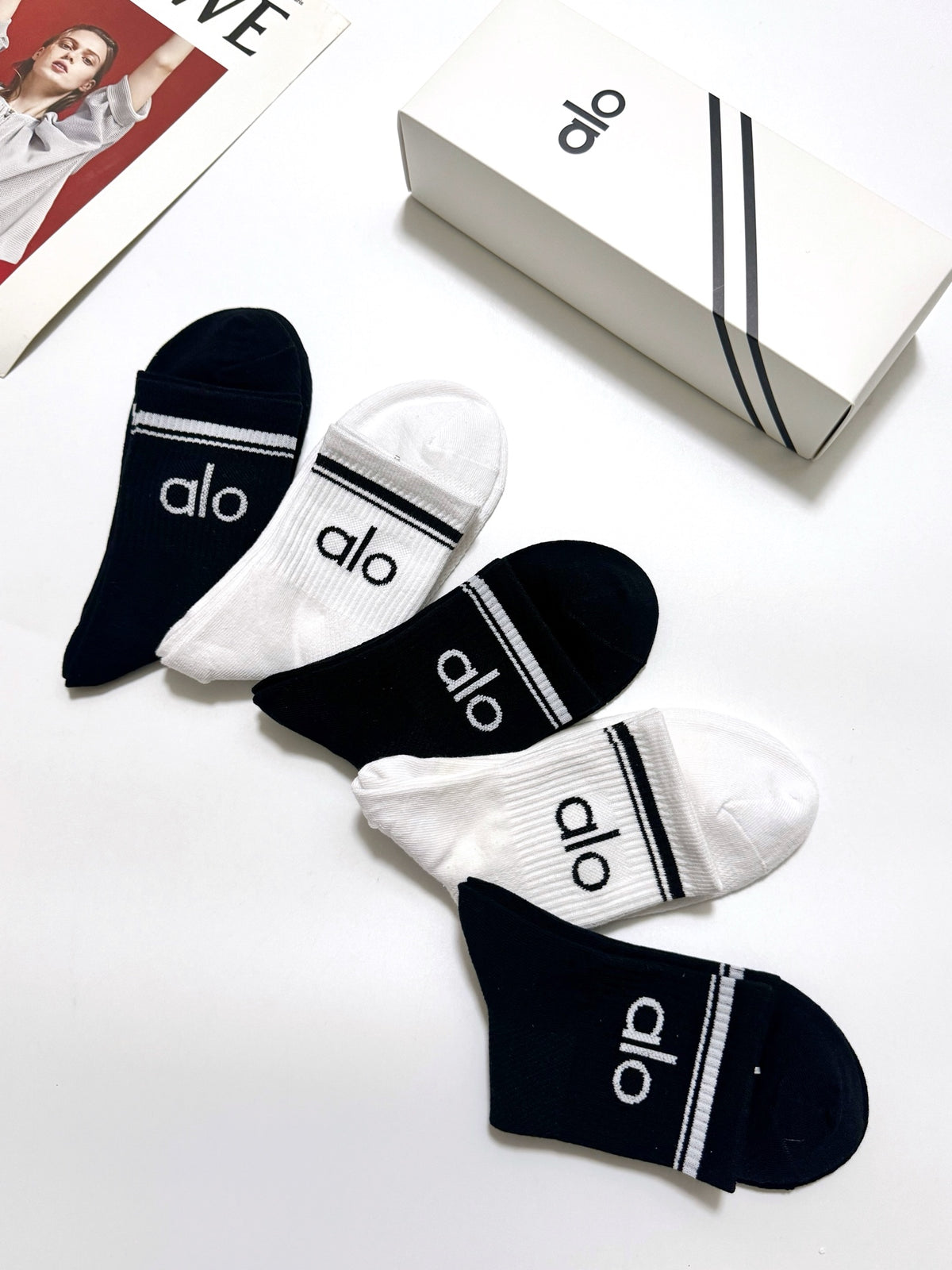 Alo Cotton Classic Letter Branding Crew Socks - 5-Pair Set