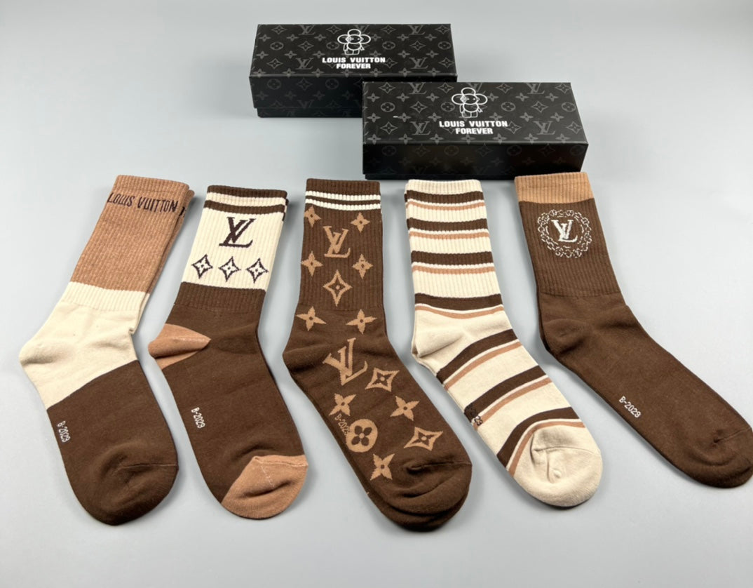 Louis Vuitton Cotton Stripes And Monogram-Style Motifs Crew Socks - 5-Pair Set