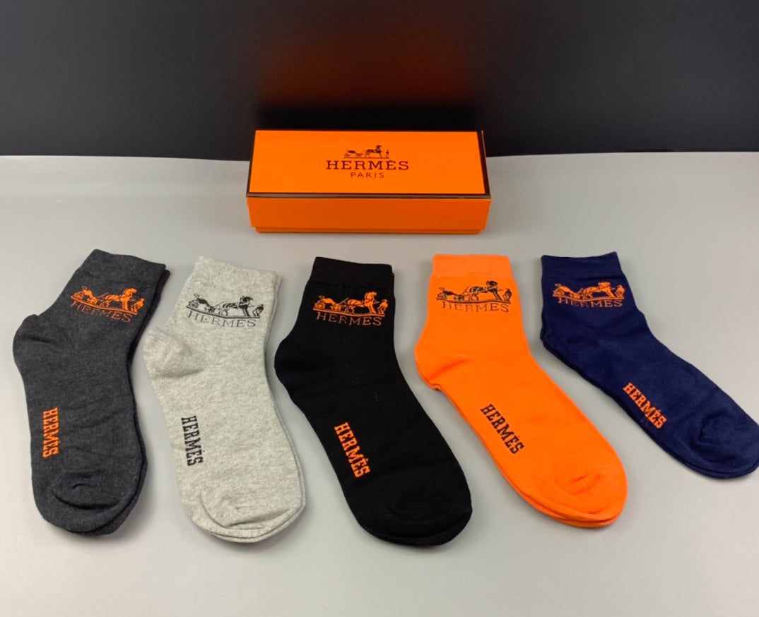 Hermes Cotton Small Embroidered Logo Details Crew Socks - 5-Pair Set