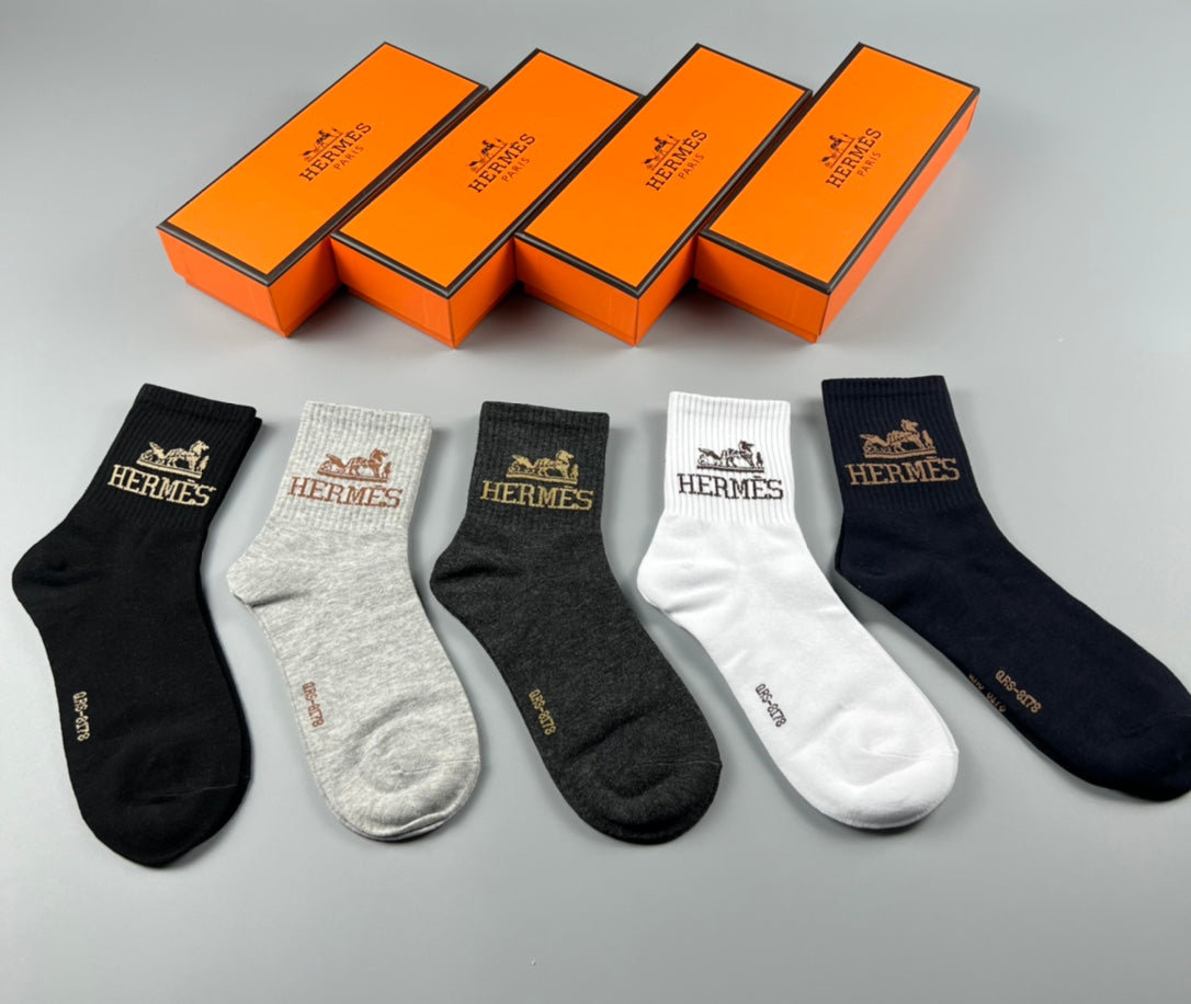 Hermes Cotton Varied Horse And Wordmark Crew Socks - 5-Pair Set