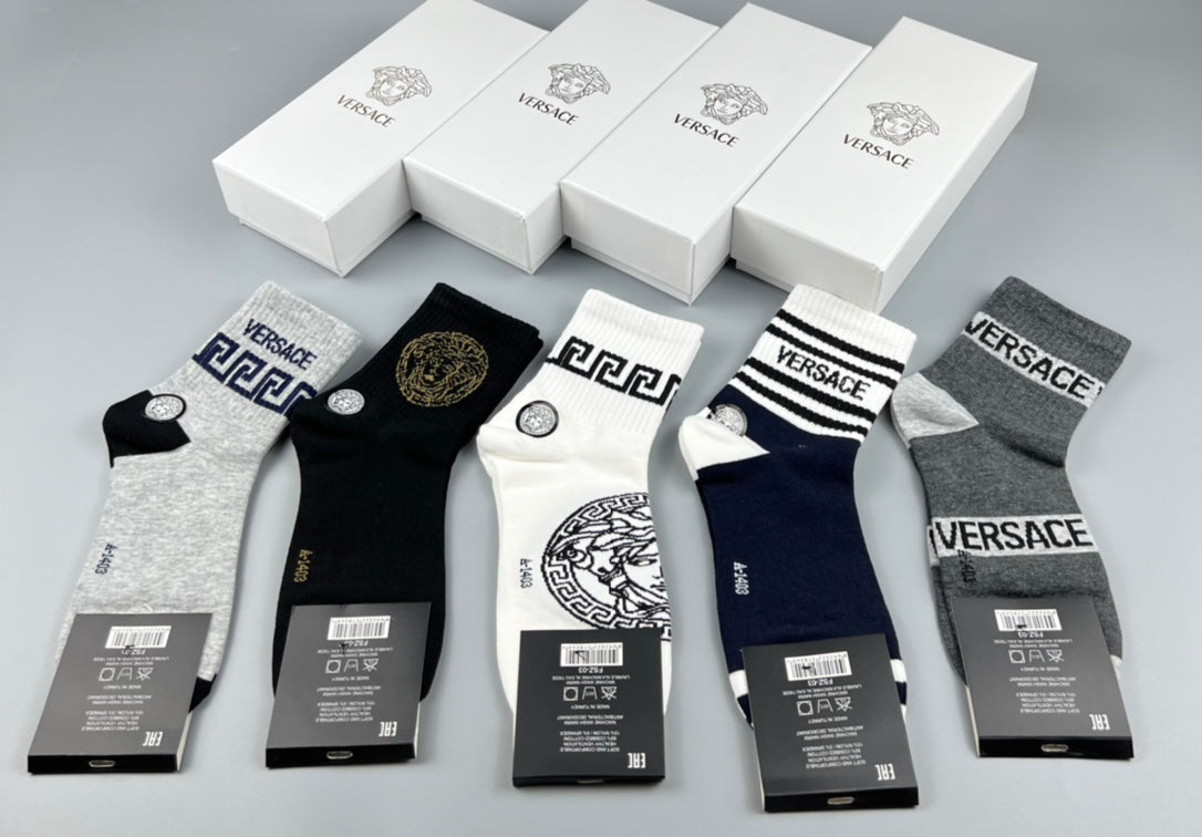 Versace Cotton blend Bold Lettering And Greek-Key Ankle Socks - 5-Pair Set