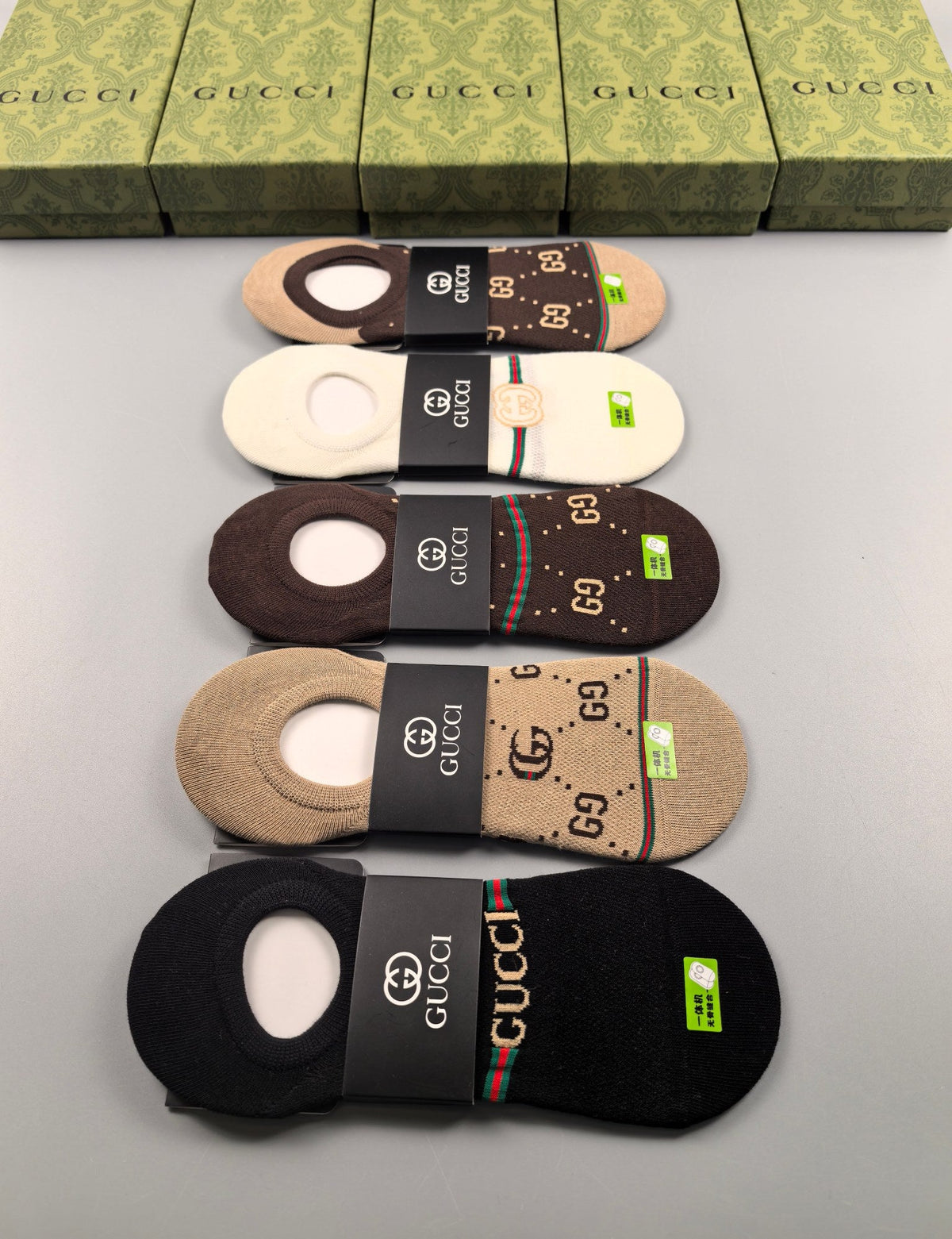 Gucci Cotton Visible Logo, Stripe Or Motif Details No-Show Socks - 5-Pair Set