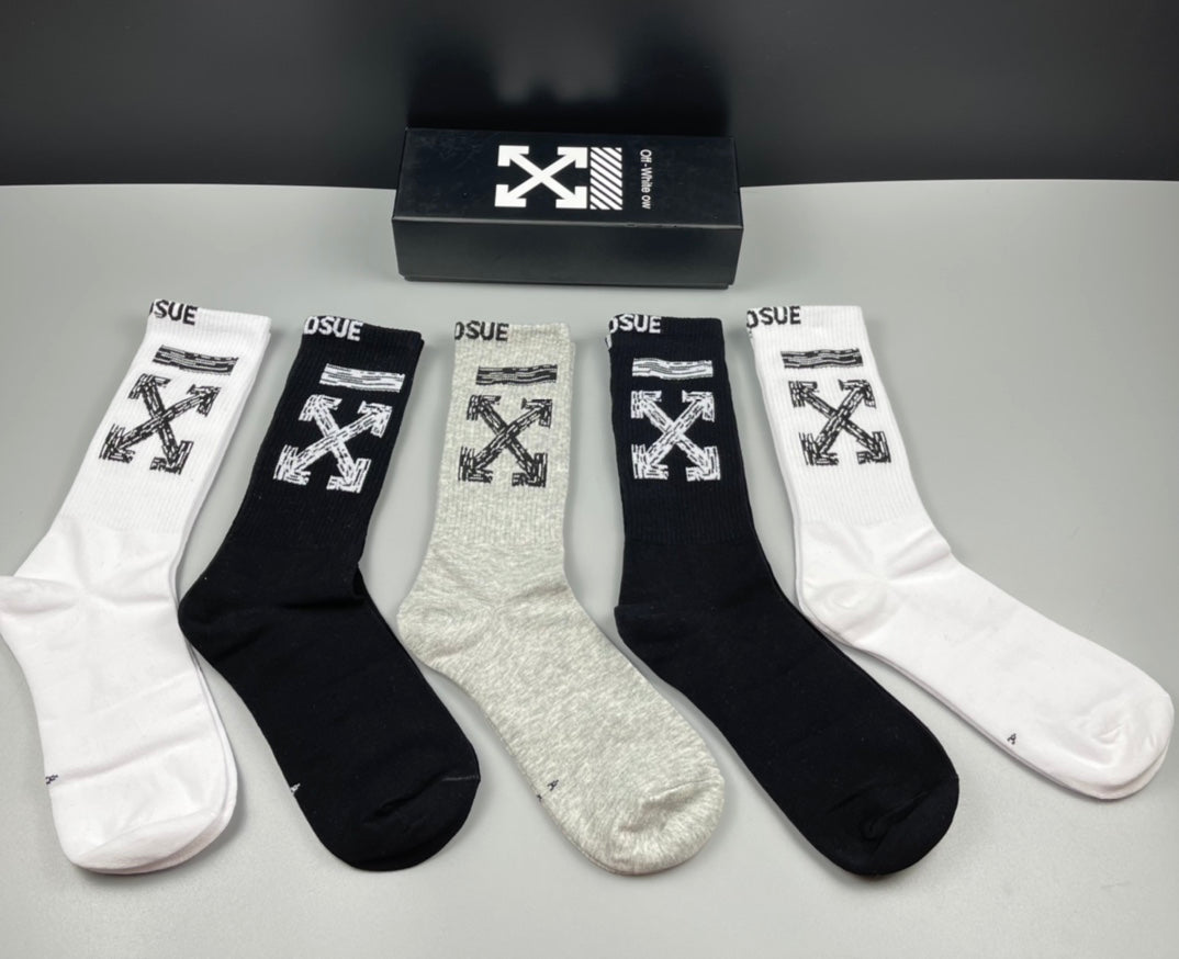Off-White Cotton Visible Logo, Stripe Or Motif Details Crew Socks - 5-Pair Set