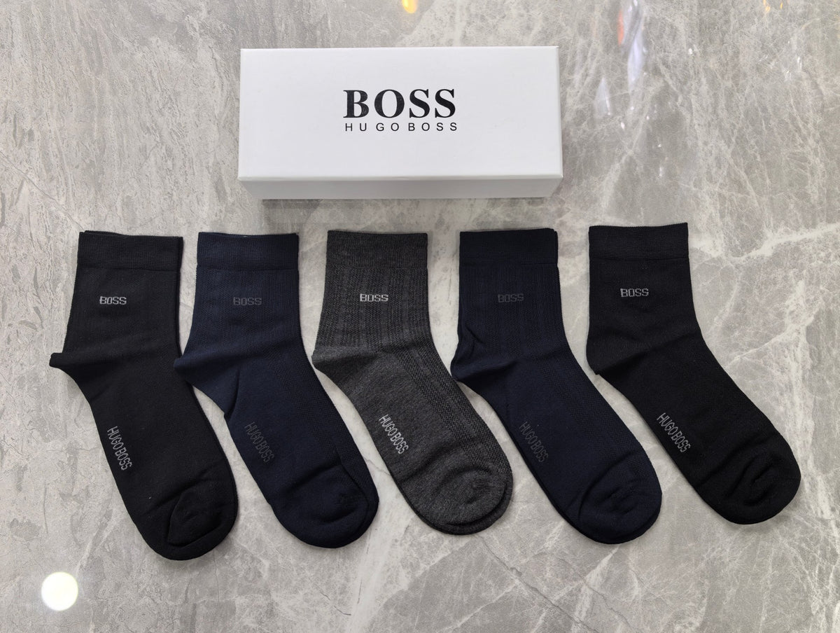 Boss Modal Simple Contrast Branding Mid-Calf Socks - 5-Pair Set