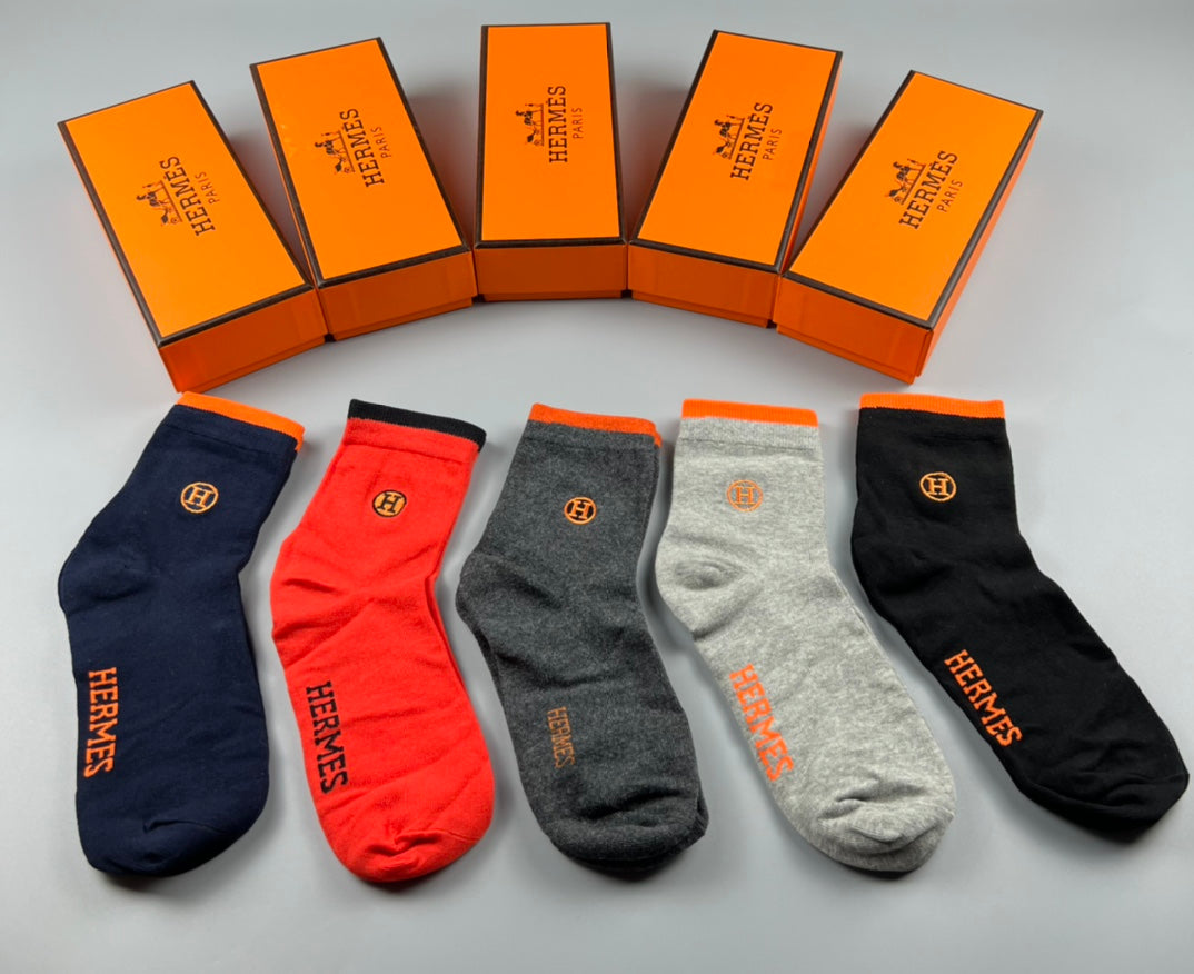 Hermes Cotton Horse And Wordmark Crew Socks - 5-Pair Set