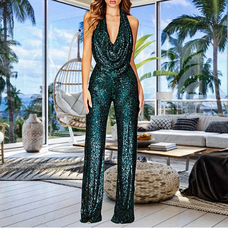 Women's Sparkly Sexy Halter Neck Slim Fit Jumpsuit Clothing & Accessories
