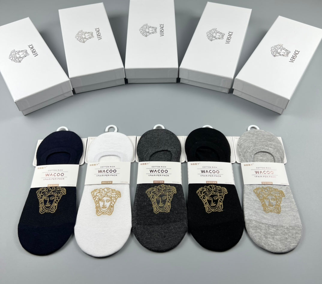 Versace Cotton Visible Logo, Stripe Or Motif Details No-Show Socks - 5-Pair Set