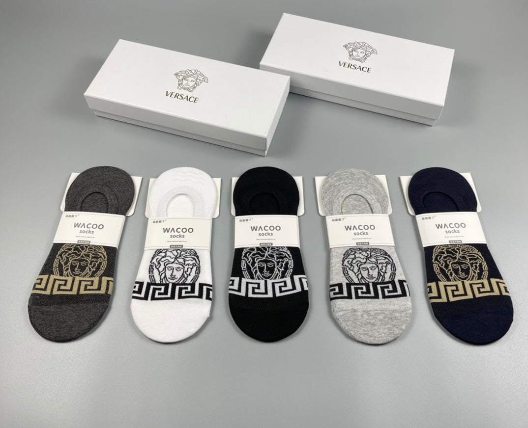 Versace Cotton Medallion And Greek-Key Details No-Show Socks - 5-Pair Set