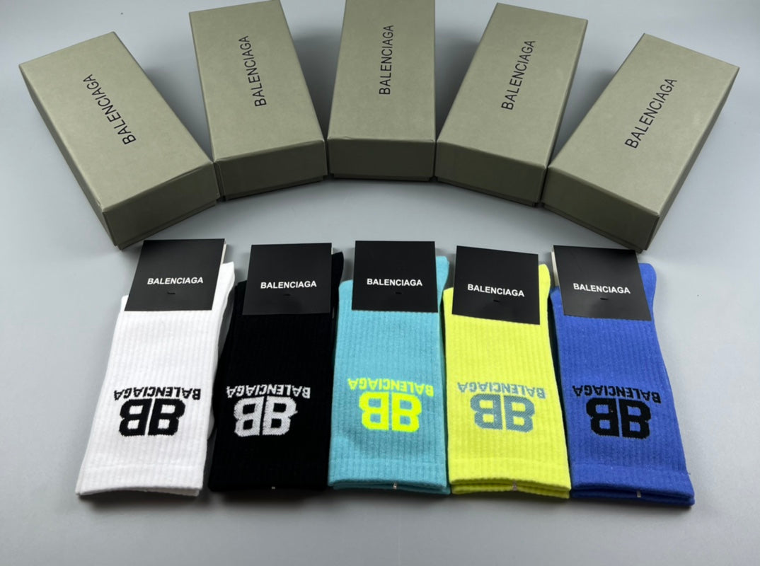 Balenciaga Bright Block Logo Mid-Calf Socks - 5-Pair Box
