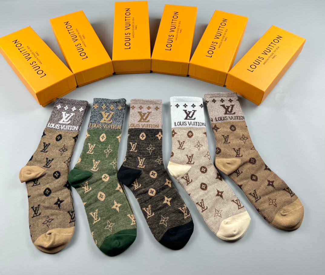 Louis Vuitton Cotton Varied Monogram-Style Motifs Crew Socks - 5-Pair Set