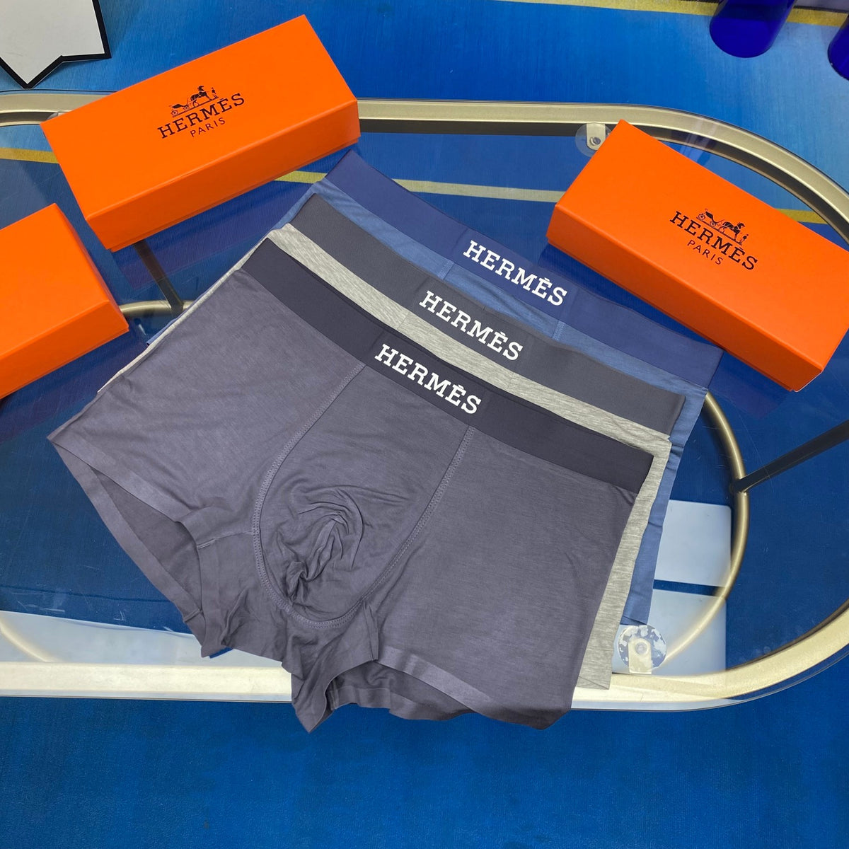 Hermes Modal Broad Contrast Wordmark Waistbands Men's Boxer Briefs - 3-Piece Box