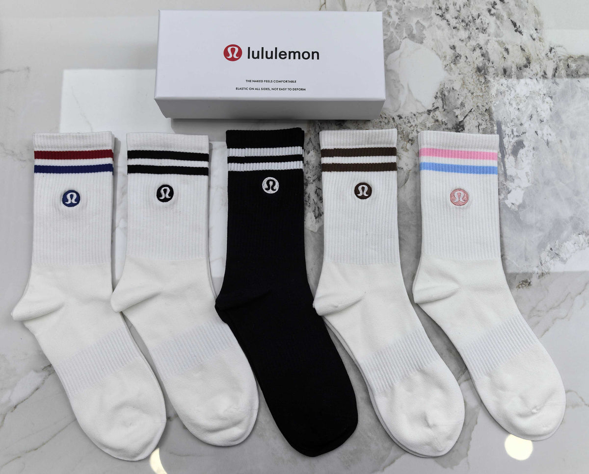 Lululemon Stripe Accents And Small Round Emblems Crew Socks - 5-Pair Set