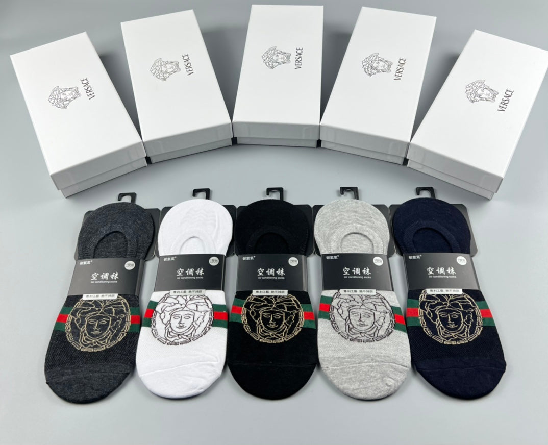Versace Cotton Visible Logo, Stripe Or Motif Details No-Show Socks - 5-Pair Set