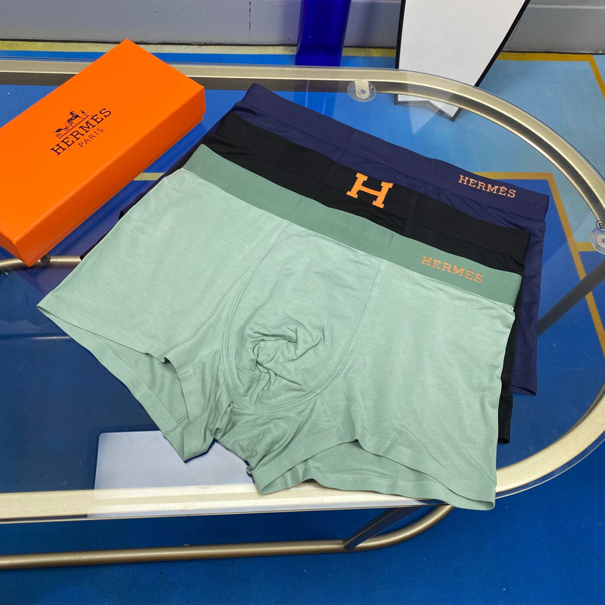 Hermes Blue, Green & White Tonal Waistbands Men's Boxer Briefs - 3-Piece Box