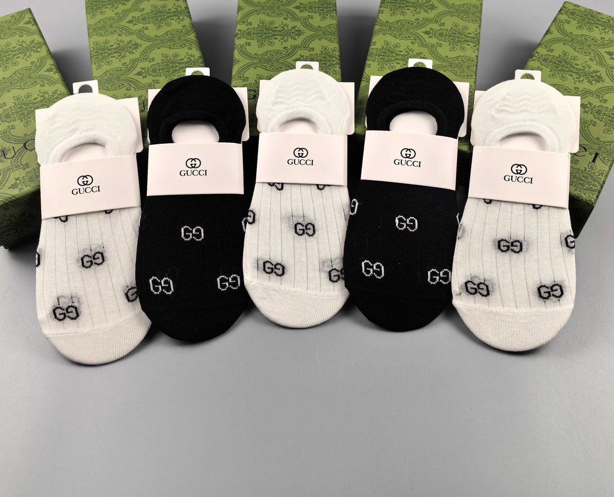 Gucci Cotton Visible Logo, Stripe Or Motif Details No-Show Socks - 5-Pair Set