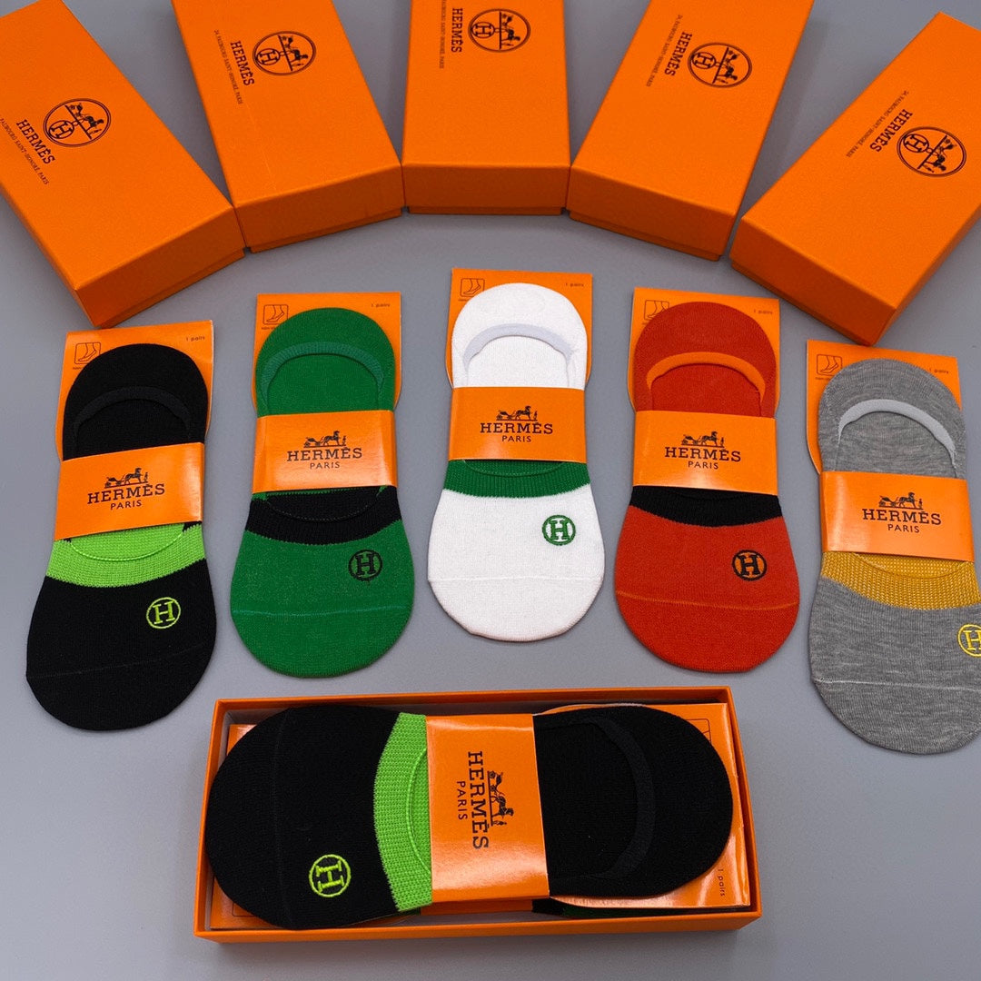 Hermes Cotton Visible Logo, Stripe Or Motif Details Crew Socks - 5-Pair Set