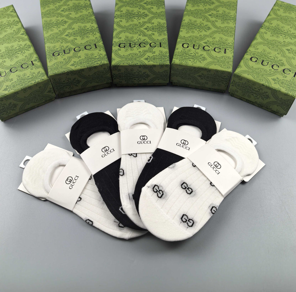 Gucci Cotton Visible Logo, Stripe Or Motif Details No-Show Socks - 5-Pair Set