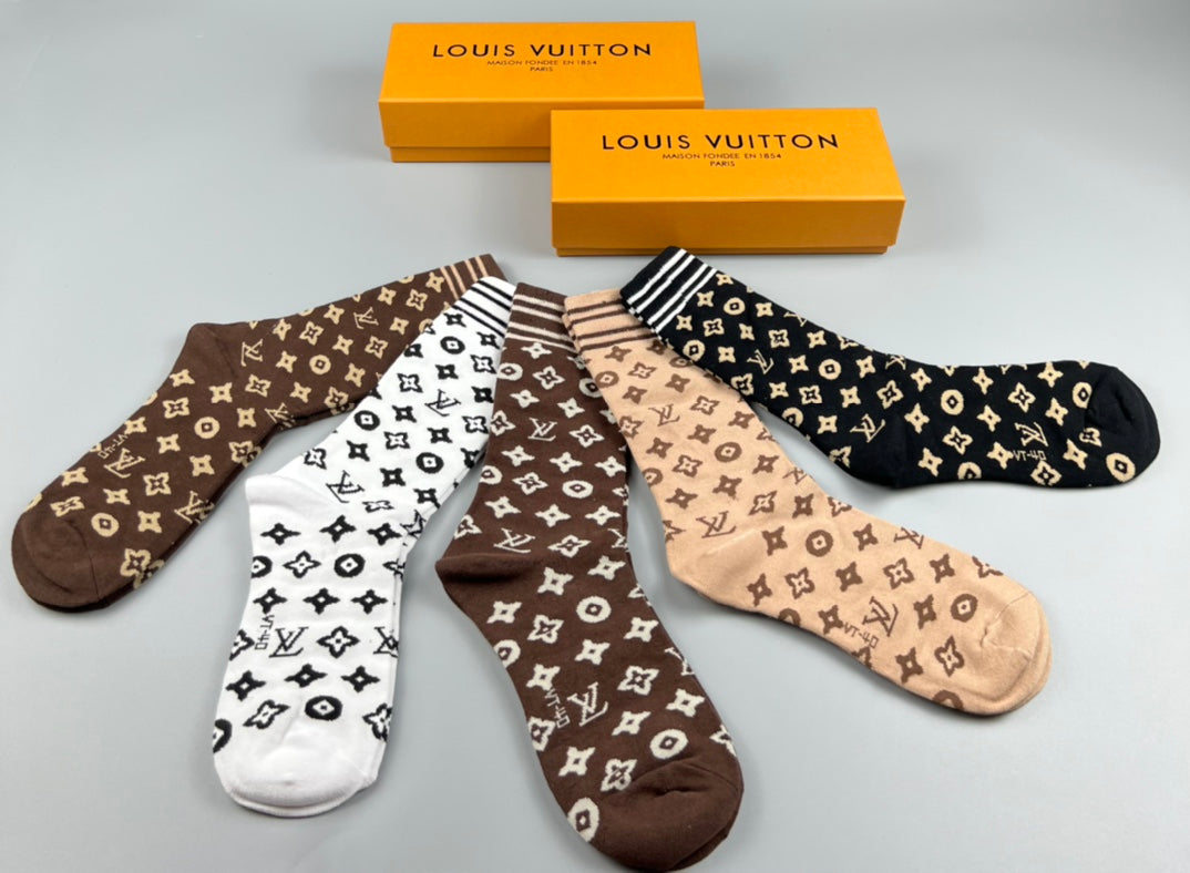 Louis Vuitton Cotton Mixed Monogram-Style Patterns Crew Socks - 5-Pair Set