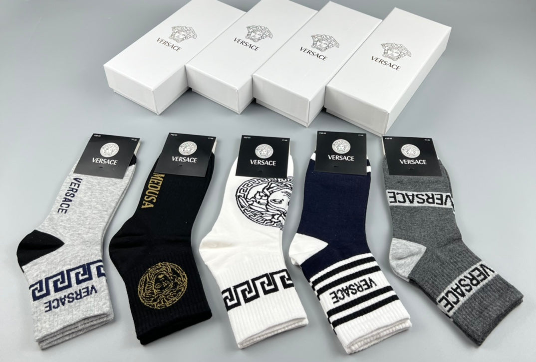 Versace Mixed Greek-Key And Medallion Graphics Crew Socks - 5-Pair Set