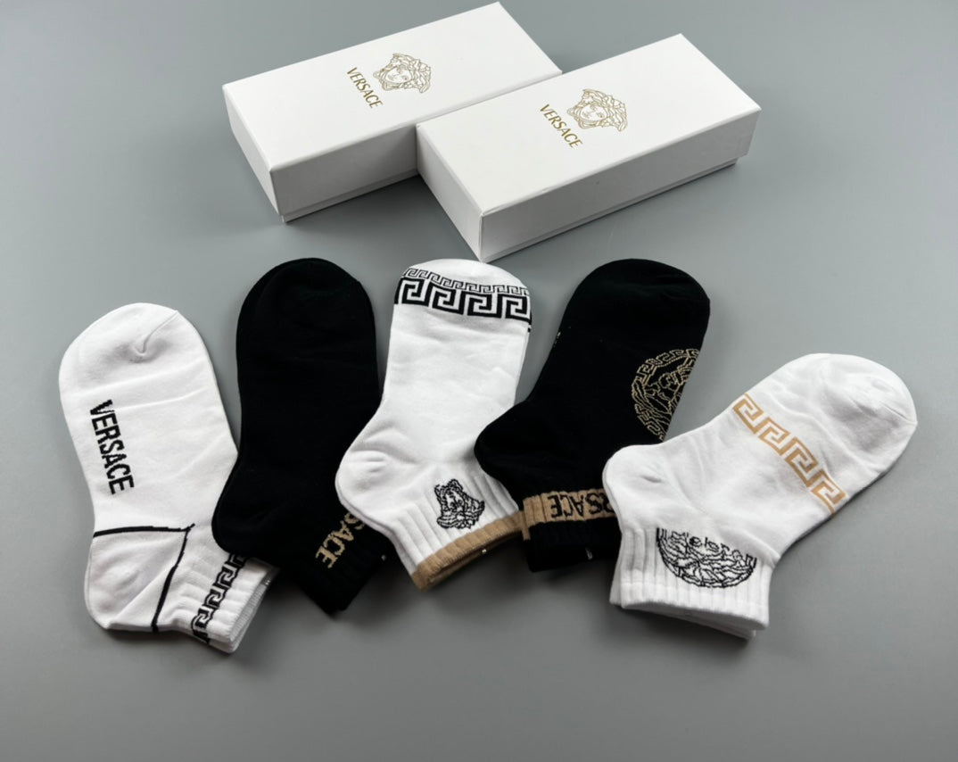 Versace Cotton blend Gold Medallion And Greek-Key Ankle Socks - 5-Pair Set