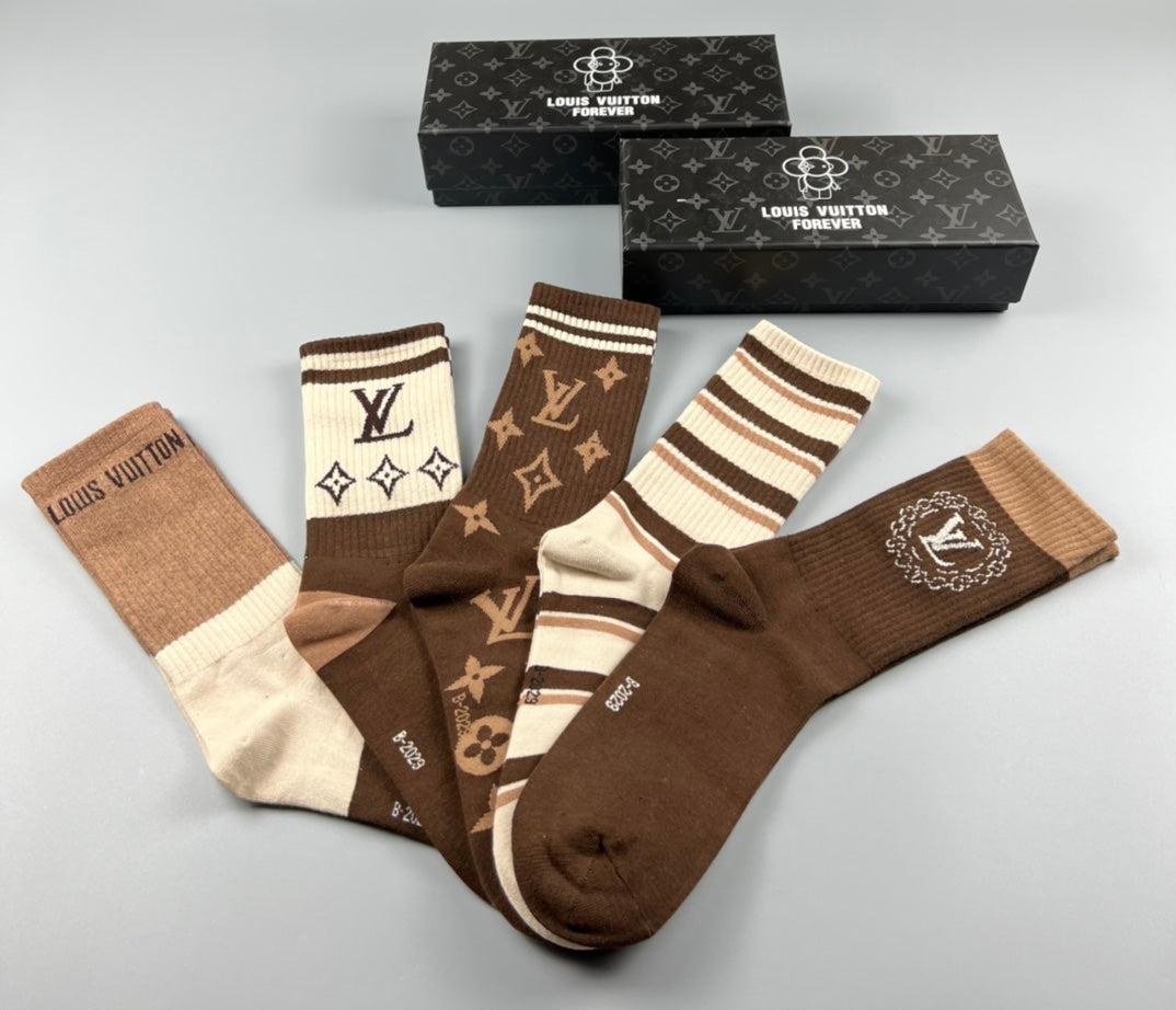 Louis Vuitton Cotton Stripes And Monogram-Style Motifs Crew Socks - 5-Pair Set