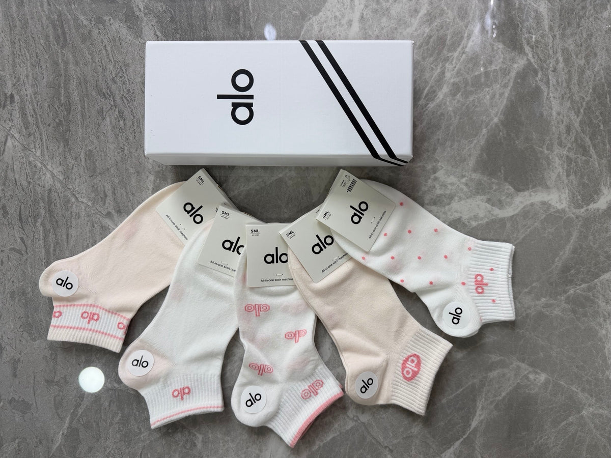 Alo Cotton Pink Accent Logos Ankle Socks - 5-Pair Set