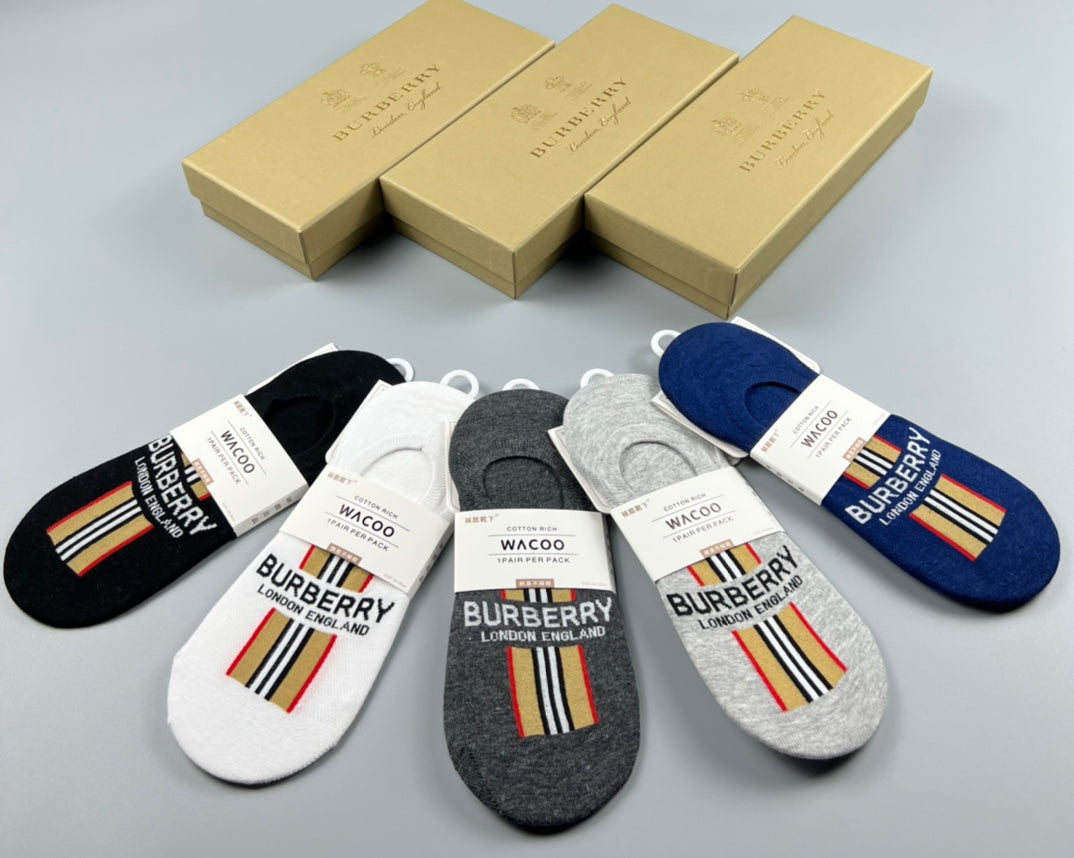 Burberry Cotton Visible Logo, Stripe Or Motif Details No-Show Socks - 5-Pair Set