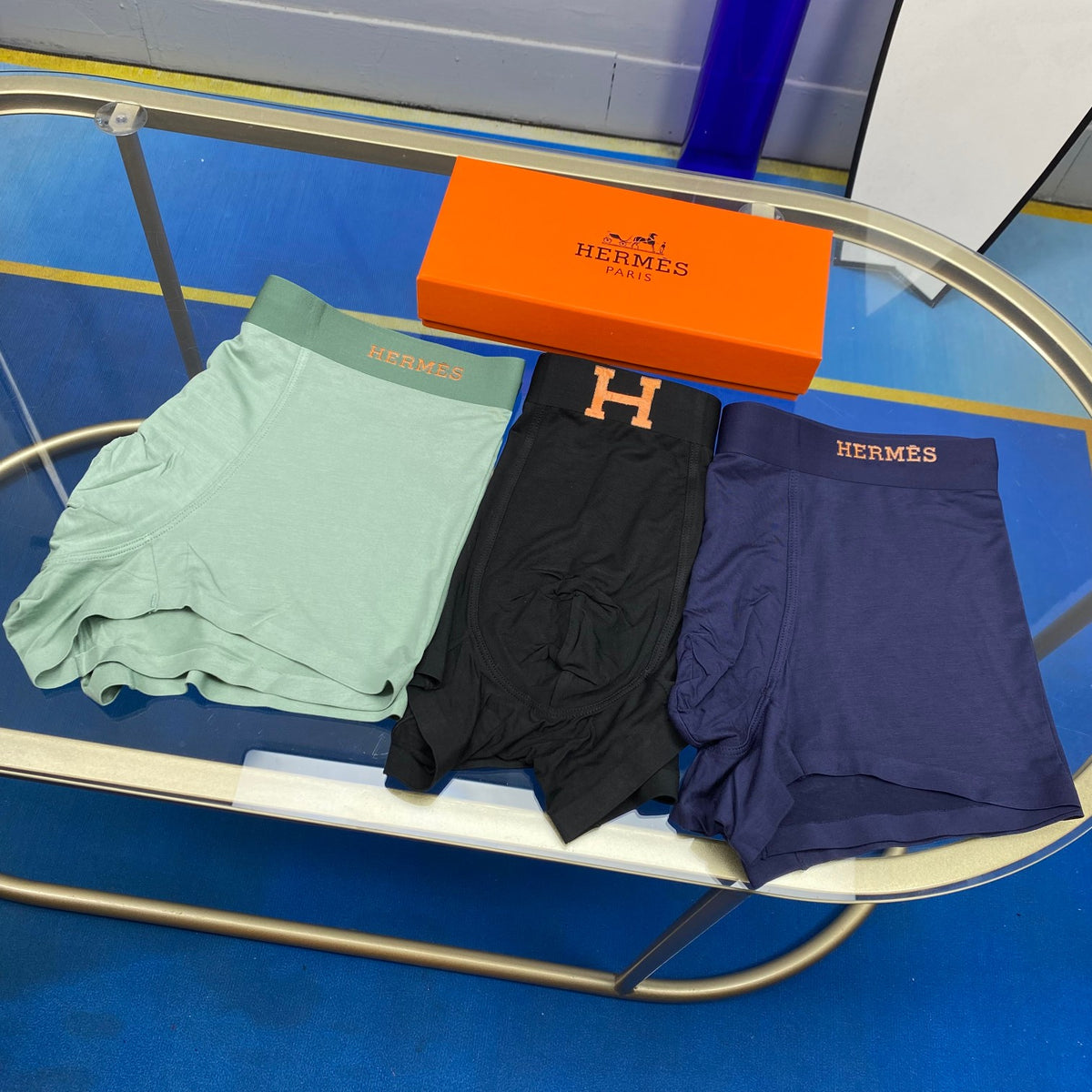 Hermes Blue, Green & White Tonal Waistbands Men's Boxer Briefs - 3-Piece Box