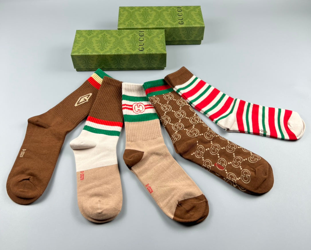 Gucci Brown Monogram Crew Socks - Box of 5 Pairs