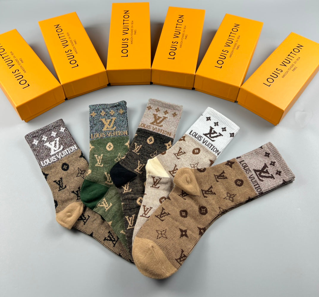 Louis Vuitton Cotton Varied Monogram-Style Motifs Crew Socks - 5-Pair Set