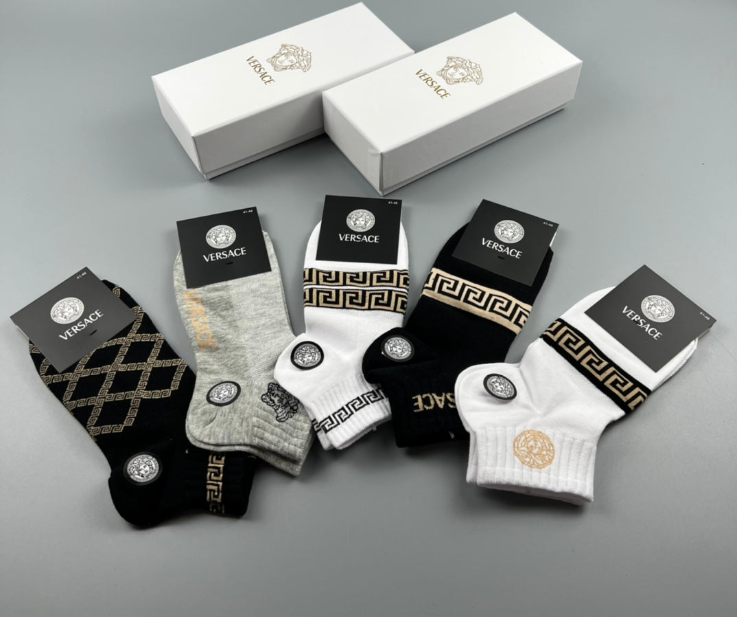 Versace Cotton blend Geometric Lattice And Medallion Motifs Ankle Socks - 5-Pair Set