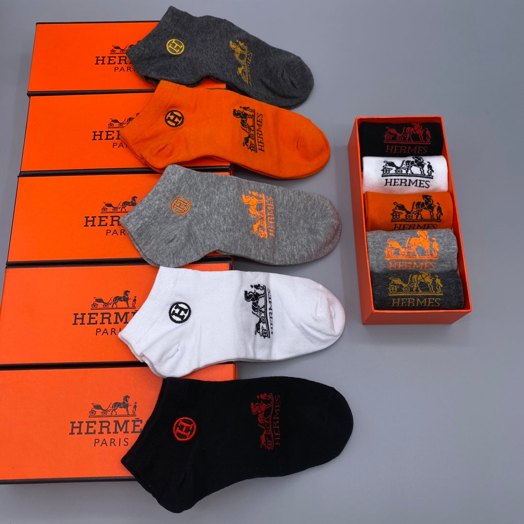 Hermes 200-needle combed cotton Contrast Wordmarks Ankle Socks - 5-Pair Set