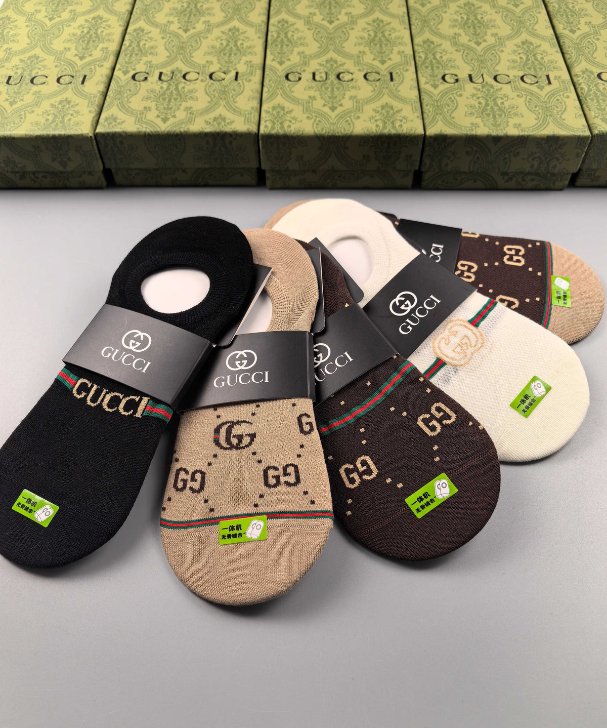 Gucci Cotton Visible Logo, Stripe Or Motif Details No-Show Socks - 5-Pair Set