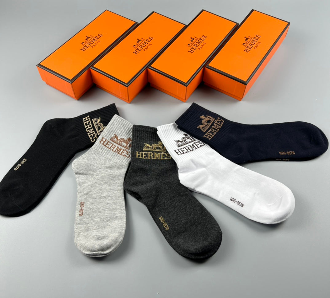 Hermes Crest Logo Crew Socks - 5-Pair Box