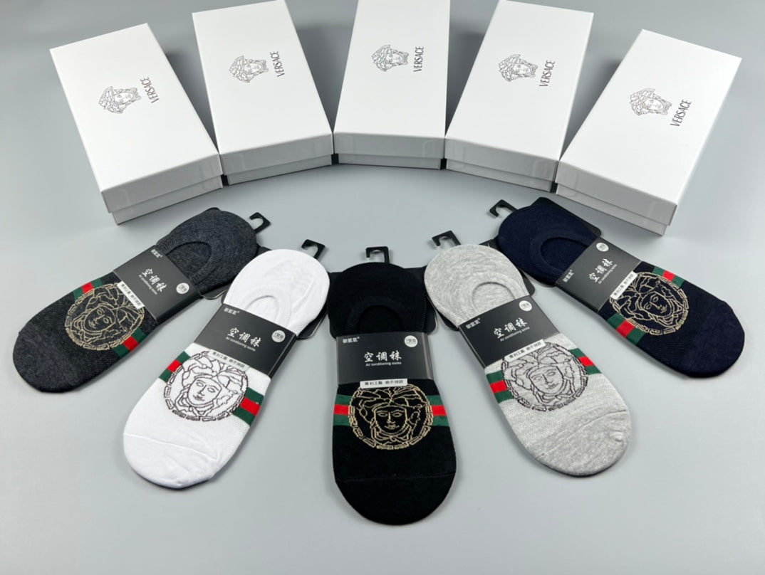 Versace Cotton Visible Logo, Stripe Or Motif Details No-Show Socks - 5-Pair Set