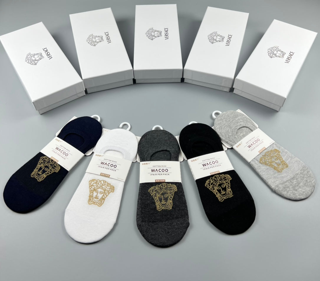 Versace Cotton Visible Logo, Stripe Or Motif Details No-Show Socks - 5-Pair Set