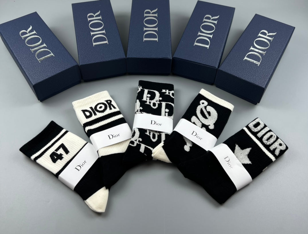 Dior Cotton Bold Text, Star And Number Graphics Crew Socks - 5-Pair Set