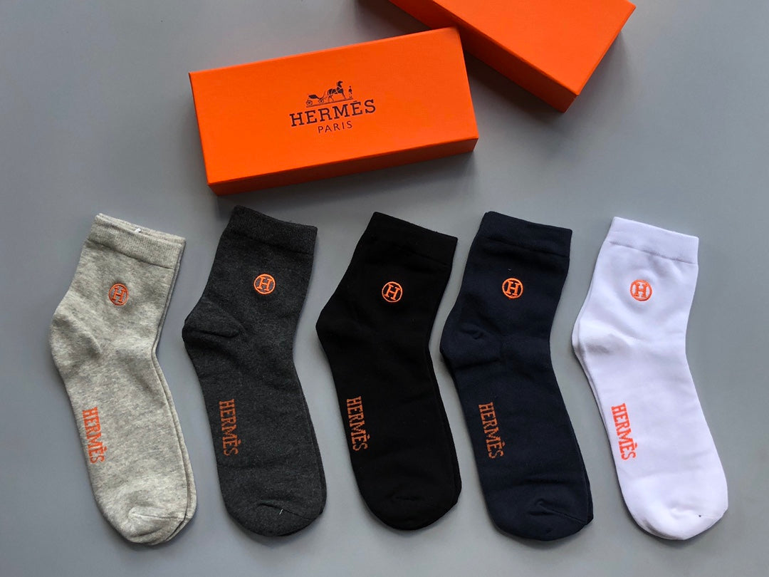 Hermes Orange Horse And Wordmark Crew Socks - 5-Pair Set