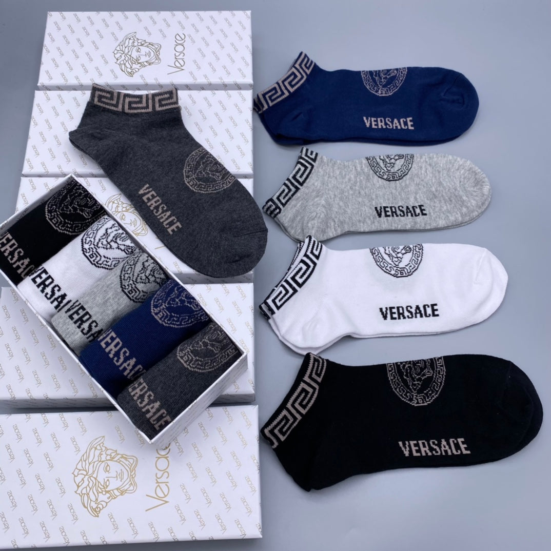 Versace Greek-Key Trim And Wordmarks Ankle Socks - 5-Pair Set