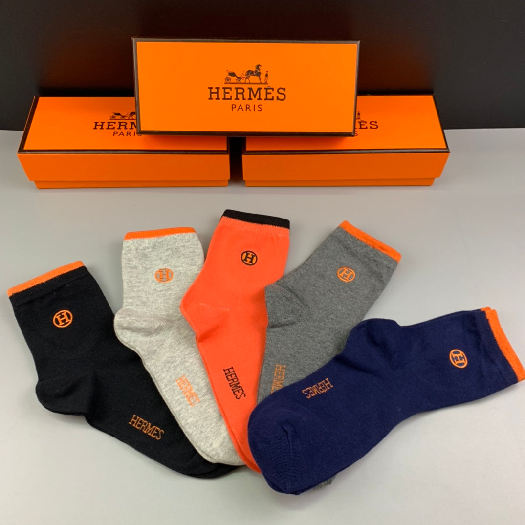 Hermes Cotton Small Embroidered Logo Details Crew Socks - 5-Pair Set