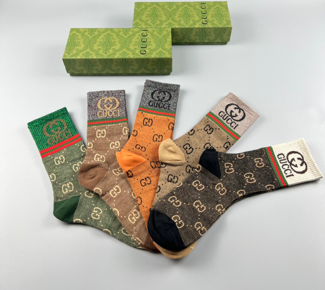 Gucci Gold-Thread Monogram Crew Socks - 5-Pair Box