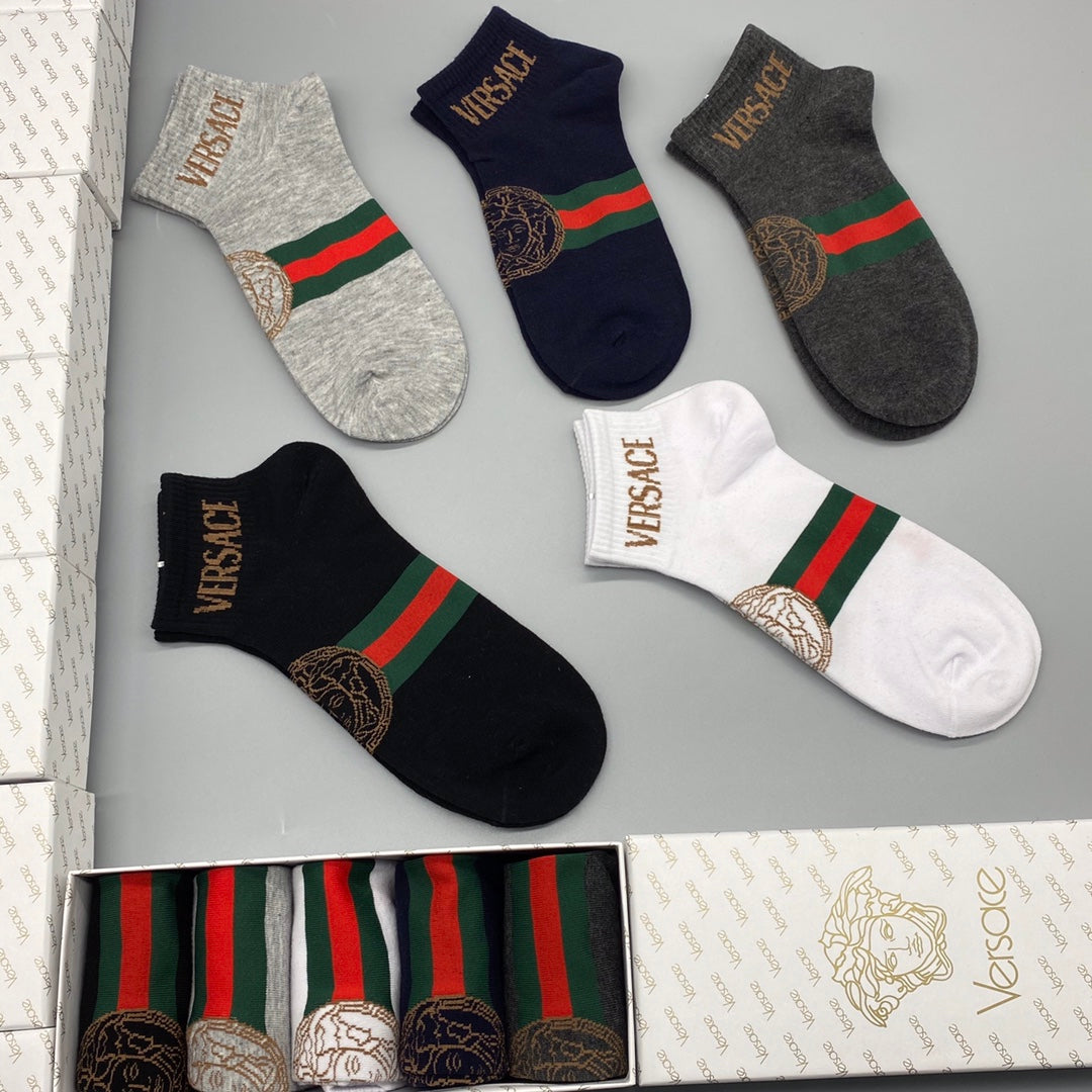 Versace Combed cotton Red-And-Green Stripe Accents Ankle Socks - 5-Pair Set